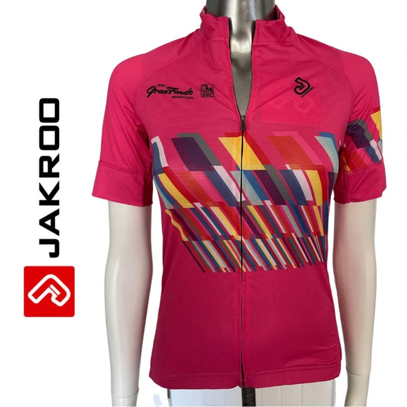 🛍️3/$40 Jakroo Cycling  Top Pink Multi Color Short Sleeve Full Zip Top Small - Picture 3 of 10